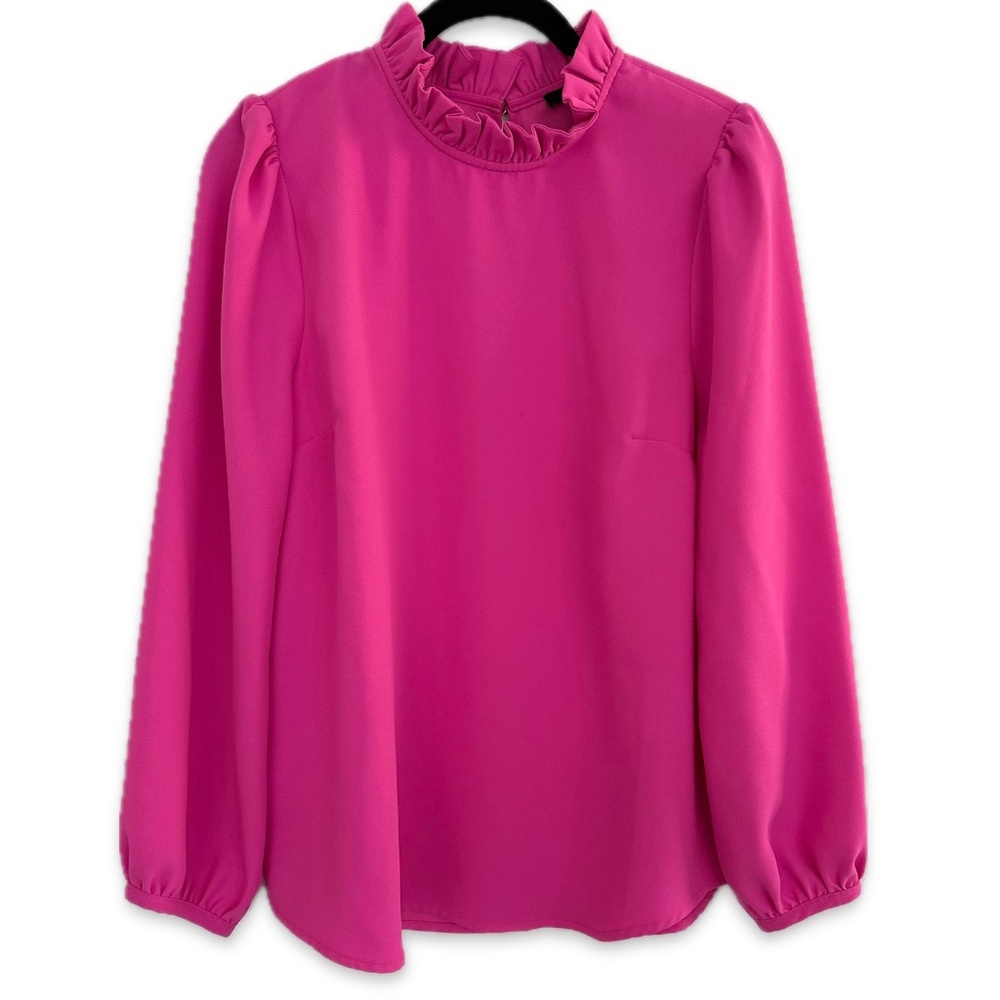J Crew Dark Pink Ruffle Neck Crepe Blouse